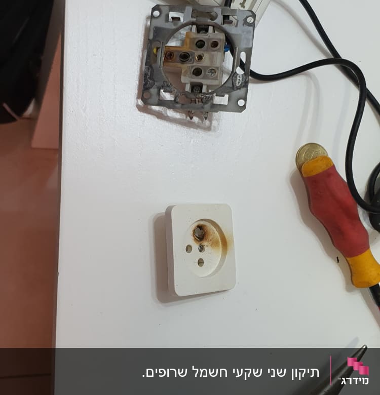 שקע חשמלי מפורק עם כלי עבודה על שולחן